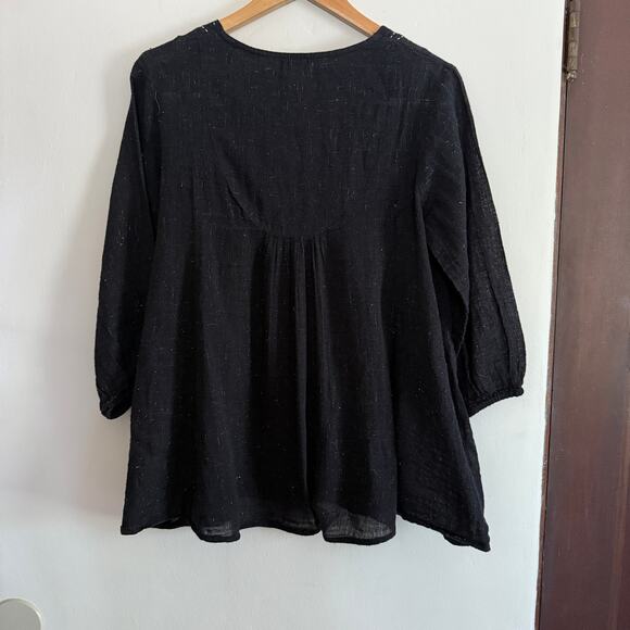 WORLD MARKET Black Sparkle Gauze Stitched split neck boho Blouse small medium - Picture 5 of 6